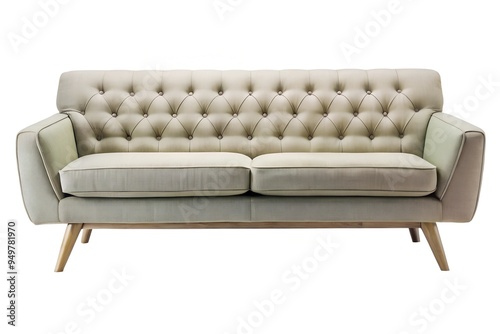 Chic modern sofa with button tufts and angular wooden legs isolated on white