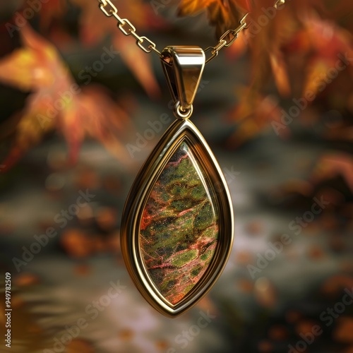 Golden chain necklace with a teardrop shaped gemstone pendant, showcasing a natural, multi-colored stone with intricate patterns. photo