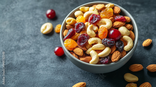 A bowl filled with a variety of mixed nuts and dried fruits, including almonds, dried pineapple, cranberries, cherries, apricots, and cashews, set against a table background. 