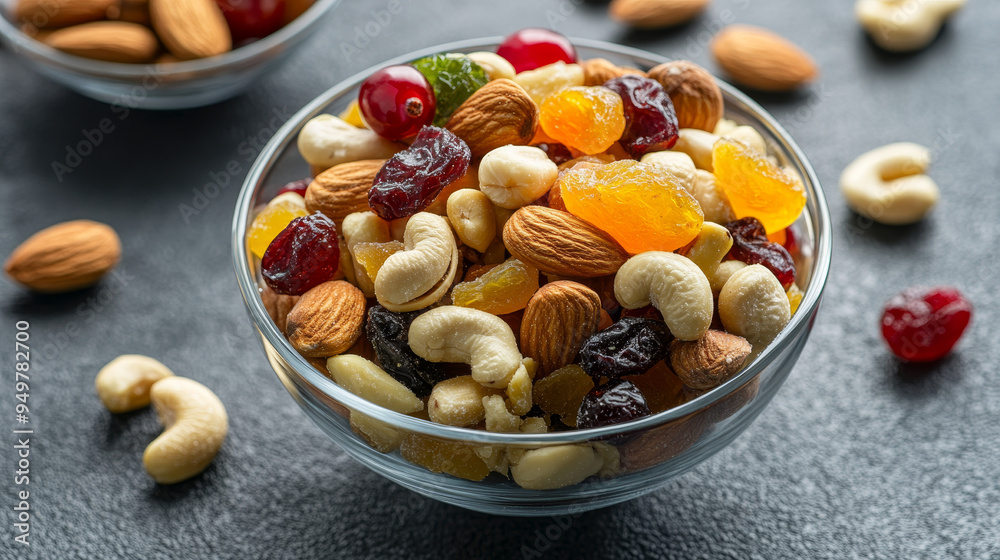 A bowl filled with a variety of mixed nuts and dried fruits, including almonds, dried pineapple, cranberries, cherries, apricots, and cashews, set against a table background. A bowl filled with a variety of mixed nuts and dried fruits, including almonds, dried pineapple, cranberries, cherries, apricots, and cashews, set against a table background.