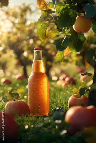 Bottle of cider in an apple orchard