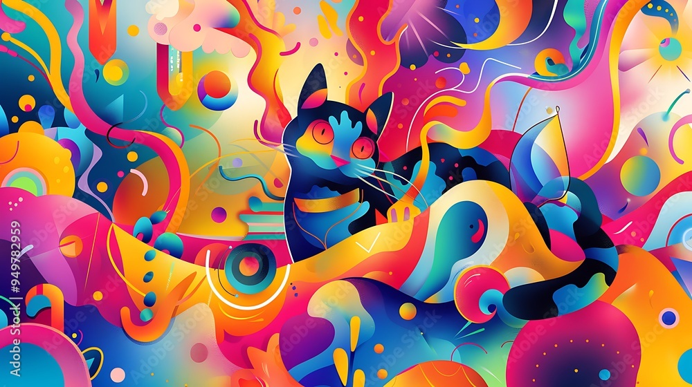 A whimsical illustration of a cat playing with abstract ribbons and shapes, set against a background of vibrant colors and playful patterns that create a lively scene. 8k UHD, suitable for high-qualit A whimsical illustration of a cat playing with abstract ribbons and shapes, set against a background of vibrant colors and playful patterns that create a lively scene. 8k UHD, suitable for high-qualit