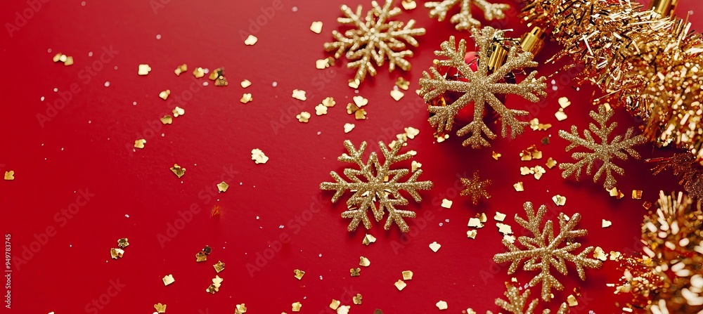 A glittery red Xmas background with lights and snowflakes. A Merry Christmas banner is displayed on the background. A glittery red Xmas background with lights and snowflakes. A Merry Christmas banner is displayed on the background.