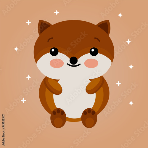 Illustration, a colorful baby chipmunk on a brown background. Cartoon print, postcard, kids bedroom decor.