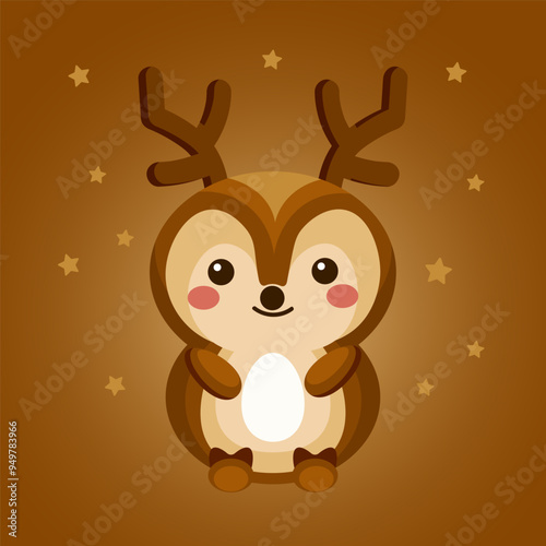 Illustration, colorful baby fawn on a brown background with stars. Cartoon print, postcard, kids bedroom decor.