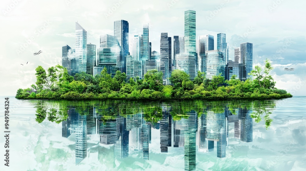 Fototapeta premium A futuristic city with skyscrapers and lush forest