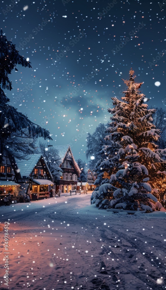 Snowy Christmas Village with Lights and Tree, Perfect for Holiday Cards and Posters
