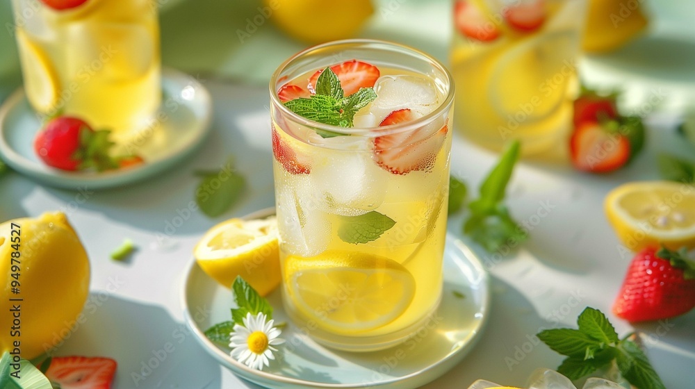 Fototapeta premium Refreshing lemon strawberry drink with mint closeup image. Beverage served with ice cubes, white daisy on sunny day close up photography. Summer refreshment concept photo realistic