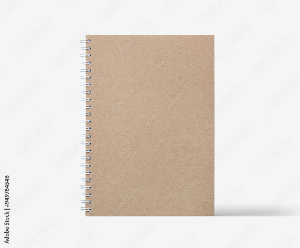 Brown spiral notebook isolated on white background, mockup, 3d illustration, 3d rendering
