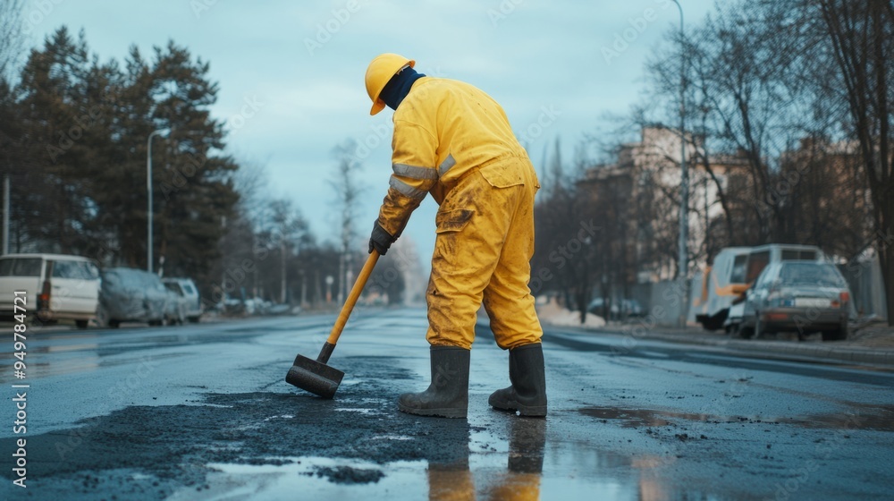 Uses a rubber hammer Male worker in yellow colored uniform have job with pavement Uses a rubber hammer Male worker in yellow colored uniform have job with pavement
