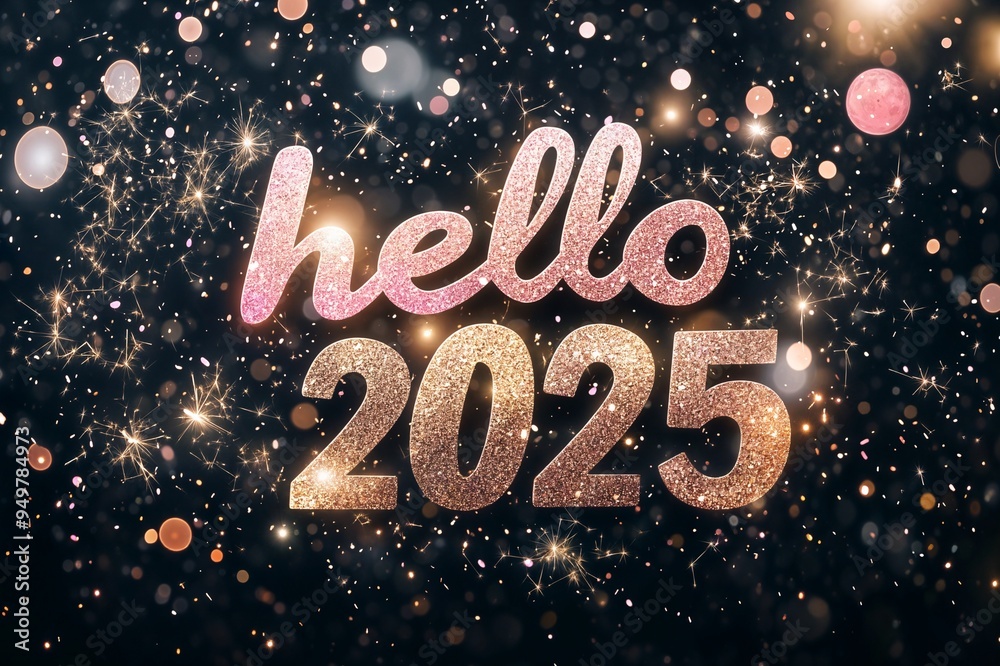 Festive New Year card with Hello 2025 in bright colors on a dark background Festive New Year card with Hello 2025 in bright colors on a dark background