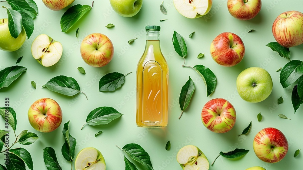 Fototapeta Apple juice bottle with red and green fruits background top view image. Vibrant leaves healthy beverage flat lay photo backdrop wallpaper realistic. Fresh produce concept photorealistic