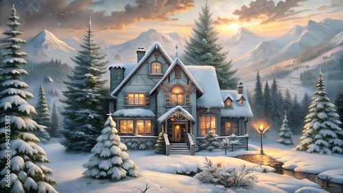 Charming winter landscape illustration featuring a snow-capped house surrounded by trees and mountains at sunset