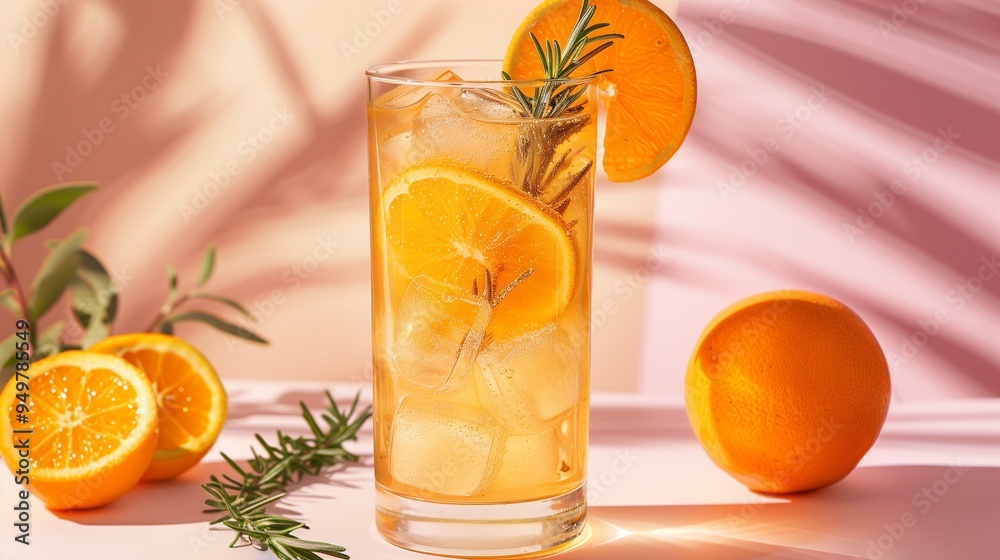 Fototapeta premium Citrus cocktail with rosemary against pink closeup image. Summery beverage garnished with fresh orange slices beverage close up photography. Party mocktail concept photo realistic