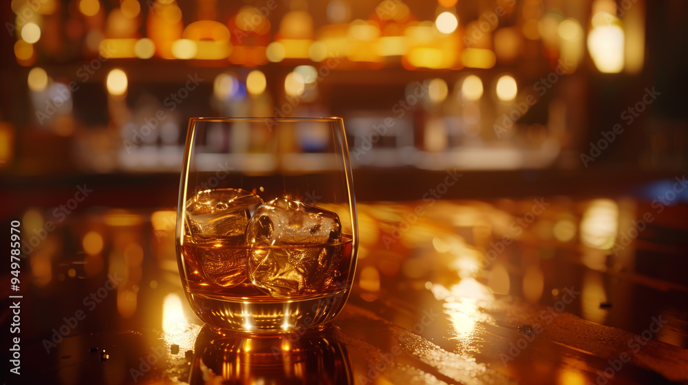 A glass of whiskey sits on a bar counter A glass of whiskey sits on a bar counter