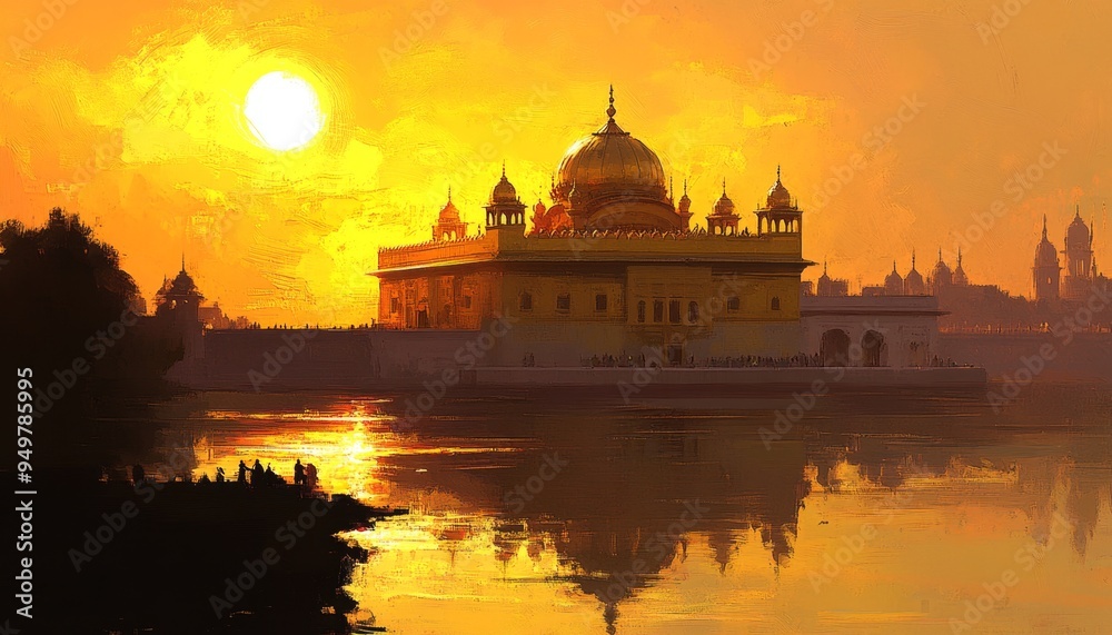 Obraz premium Enchanting Golden Temple Illustration: Mystical Sikh Shrine in Amritsar. Vibrant Fantasy Concept Art Blending Cultural Heritage and Imagination, Perfect for Travel Inspiration, Spiritual Exploration, 