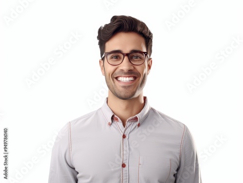 Confident & Approachable: A young professional beams with genuine happiness, his warm smile and stylish glasses exuding confidence and approachability on a clean white background