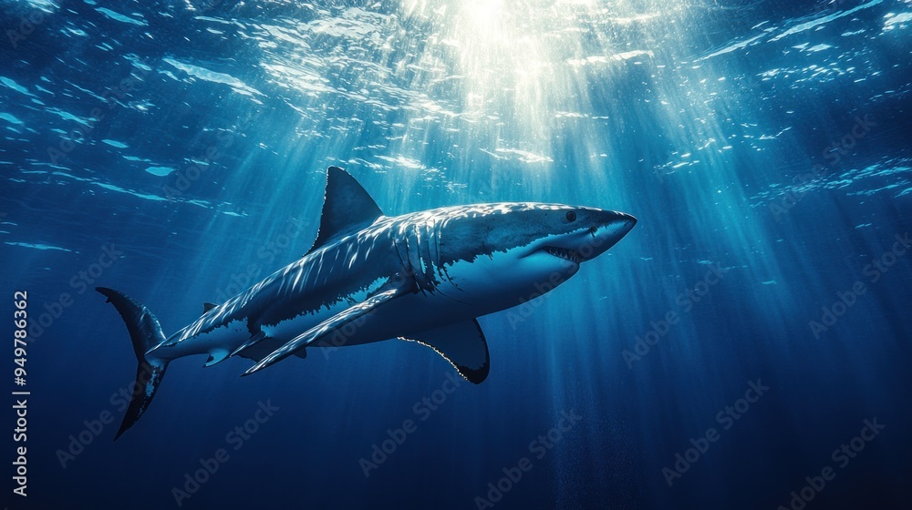 Great White Shark Swimming Through Sunbeams in the Ocean Great White Shark Swimming Through Sunbeams in the Ocean