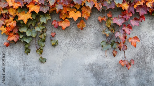 Autumn leaves cascading down a textured gray wall. Copy space photo