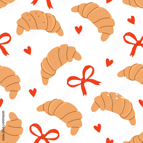 Bakery and pastry seamless pattern. Croissant, bread roll, sweet goods and bows with hearts for patterns, prints, wallpapers and product design. Hand drawn vector illustration.
