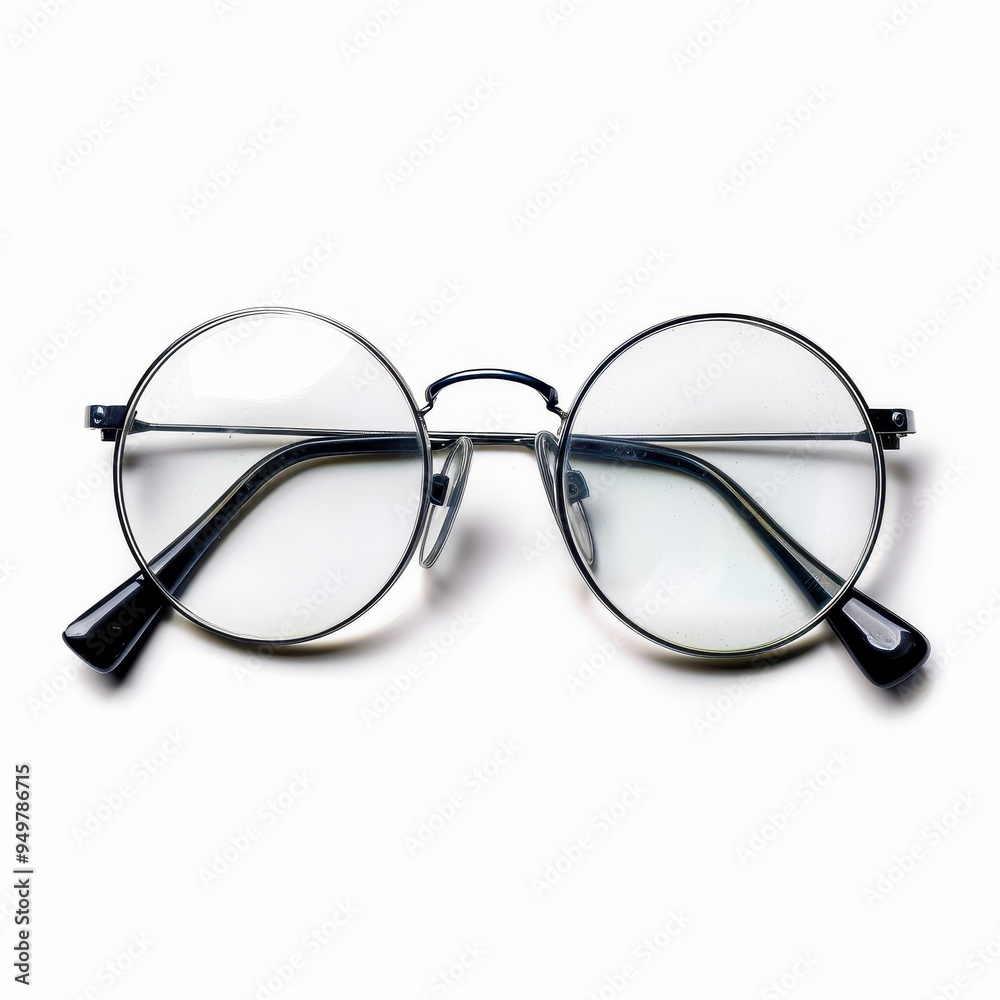 Classic Round Eyeglasses on White: A sleek pair of round eyeglasses with thin metal frames, exuding timeless style and sophistication against a pristine white background. Classic Round Eyeglasses on White: A sleek pair of round eyeglasses with thin metal frames, exuding timeless style and sophistication against a pristine white background.