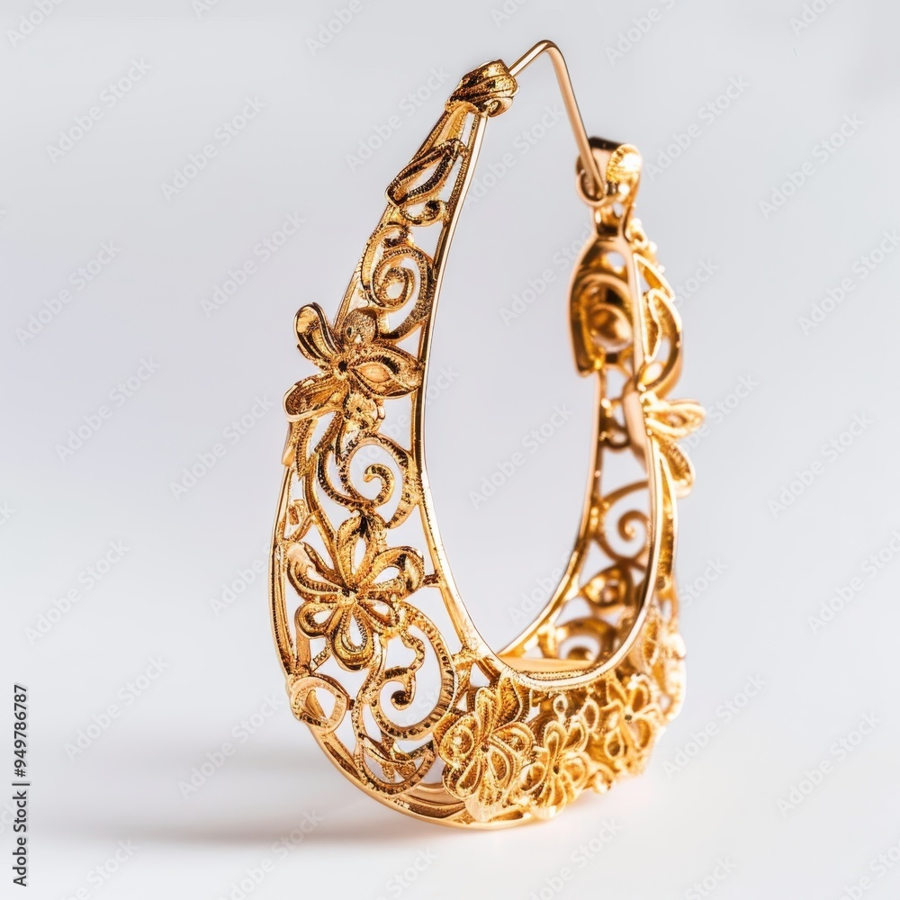 Fototapeta premium Golden Floral Hoop Earrings: A testament to fine craftsmanship, these earrings capture the intricate beauty of nature with their delicate floral design. 