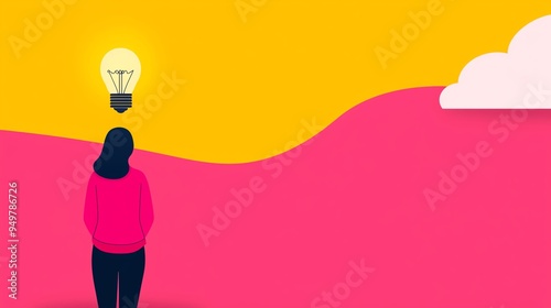 Creator contemplating ideas, bulb symbolizing thought, flat design illustration photo