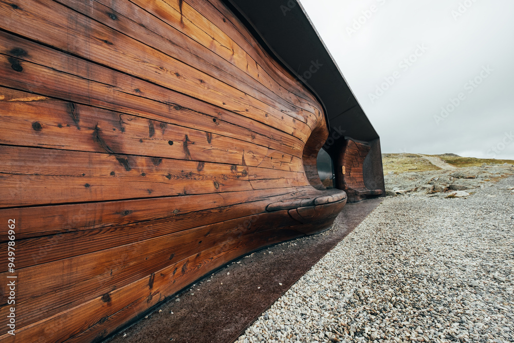 Viewpoint Snøhetta - Norwegian Wild Reindeer Pavilion - beautiful contemporary wooden architectural art masterpiece in Norwegian Tundra. Famous trekking and wild Muskox watching point Viewpoint Snøhetta - Norwegian Wild Reindeer Pavilion - beautiful contemporary wooden architectural art masterpiece in Norwegian Tundra. Famous trekking and wild Muskox watching point