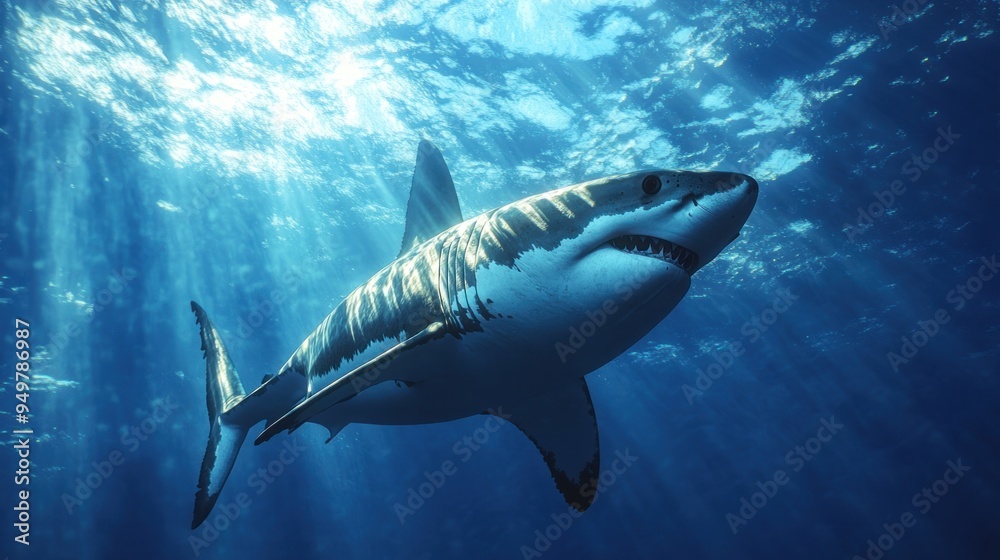 Fototapeta premium Great White Shark Swimming in Blue Ocean Water