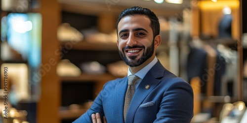 Smiling man in blue suit, blurred background.