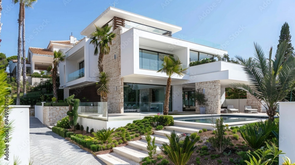 Modern luxury villa exteriopr with white walls and stone accents with garden and pool Modern luxury villa exteriopr with white walls and stone accents with garden and pool