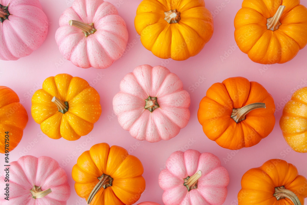 Colorful Pumpkins Arranged on a Pink Background Colorful Pumpkins Arranged on a Pink Background