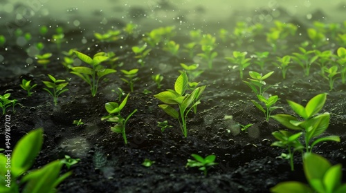 Green Sprout Plants Growing in Dark Soil with Light Rain.