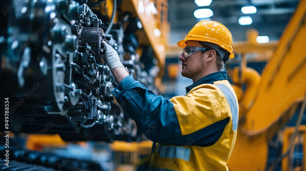 Close-up of an engineer inspecting the hydraulic system of a large excavator in a factory environment Close-up of an engineer inspecting the hydraulic system of a large excavator in a factory environment