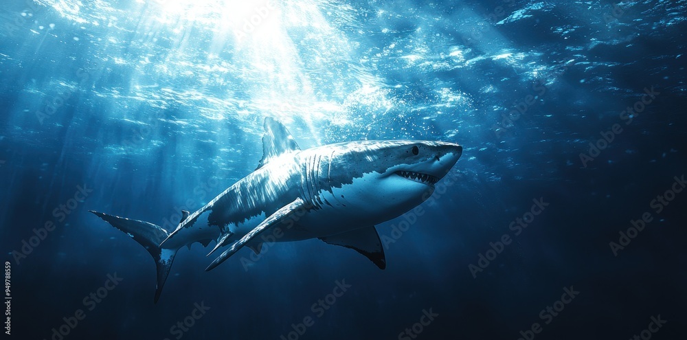 Fototapeta premium Great White Shark Swimming in Blue Ocean Water