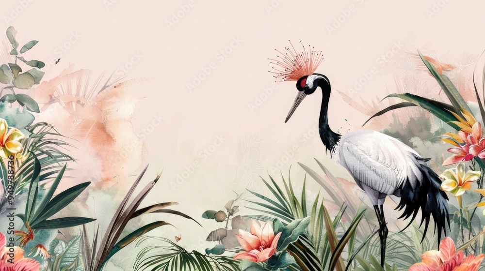 Fototapeta Modern wallpaper. Watercolor jungle illustration. Crane bird elements, watercolor painting wallpaper. Mural wallpaper. AI generated illustration