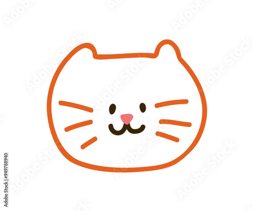 Happy cute cat in doodle kids style. Funny smiling kawaii kitty, feline anima...