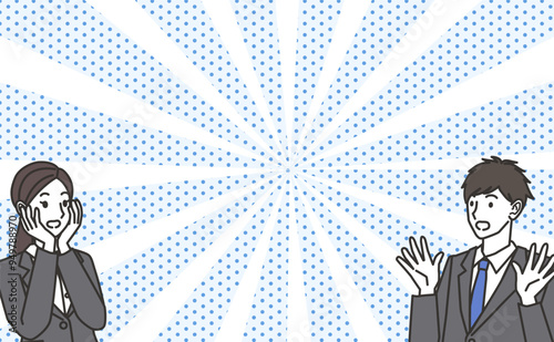 びっくりするスーツを着た男性と女性のイラスト