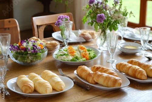 The French cousine, family dinner table with traditional French foods and drinks