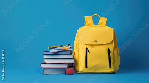 Yellow backpack with books and school supplies on blue background. AI generated illustration. photo