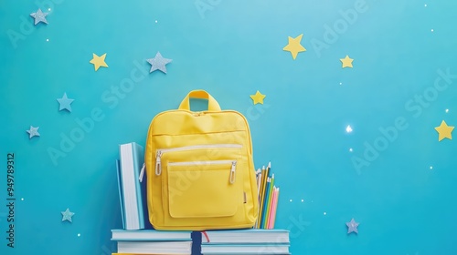 Yellow backpack with books and school supplies on blue background. AI generated illustration. photo