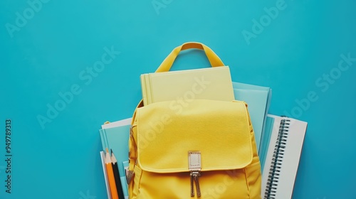 Yellow backpack with books and school supplies on blue background. AI generated illustration. photo