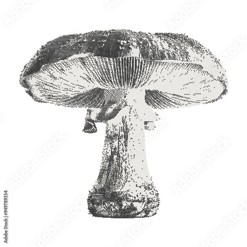 Dither monochrome mushroom with halftone effect in a trendy bitmap style. Contemporary stipple grunge punk element. Vintage dotted sticker for poster art or t-shirt.