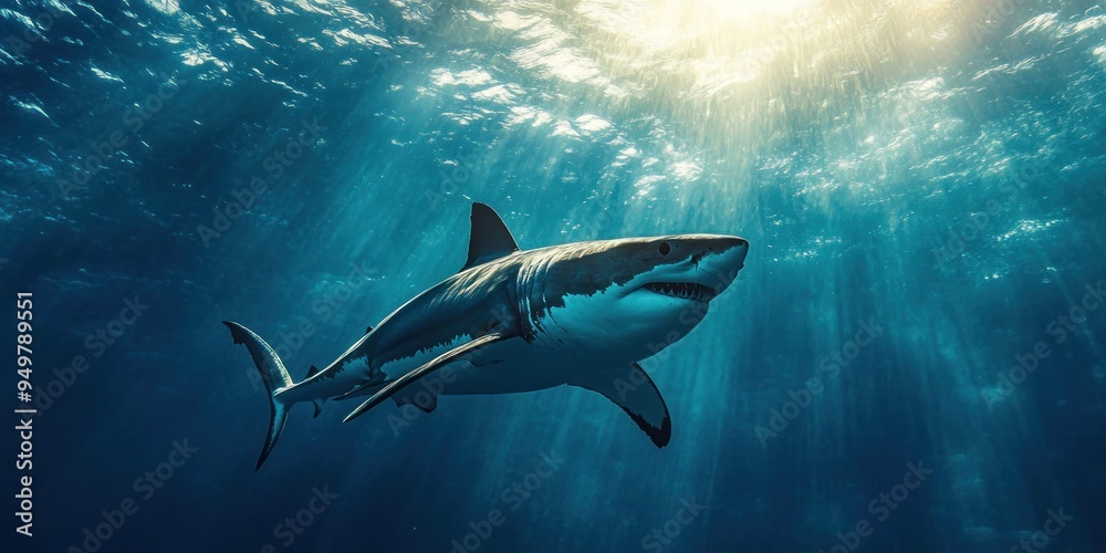 Obraz premium Great White Shark Swimming Through Sunlit Water