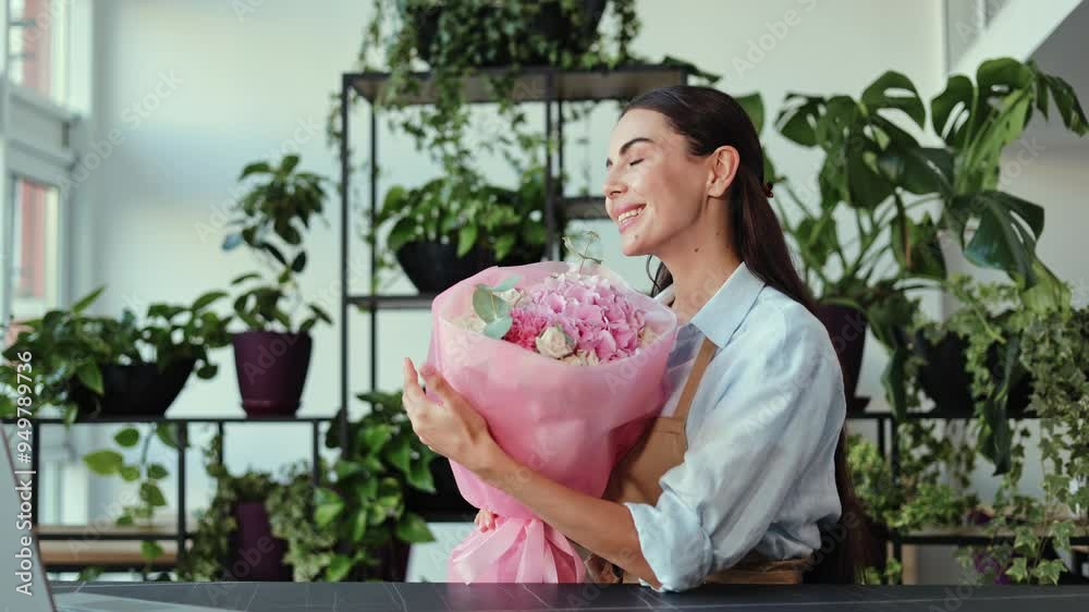 Female florist in an apron arranges a bouquet and enjoys the scent of flowers in a flower shop. She smiles broadly, enjoying the beauty and aroma. The concept of a small business, a flower shop. Female florist in an apron arranges a bouquet and enjoys the scent of flowers in a flower shop. She smiles broadly, enjoying the beauty and aroma. The concept of a small business, a flower shop.