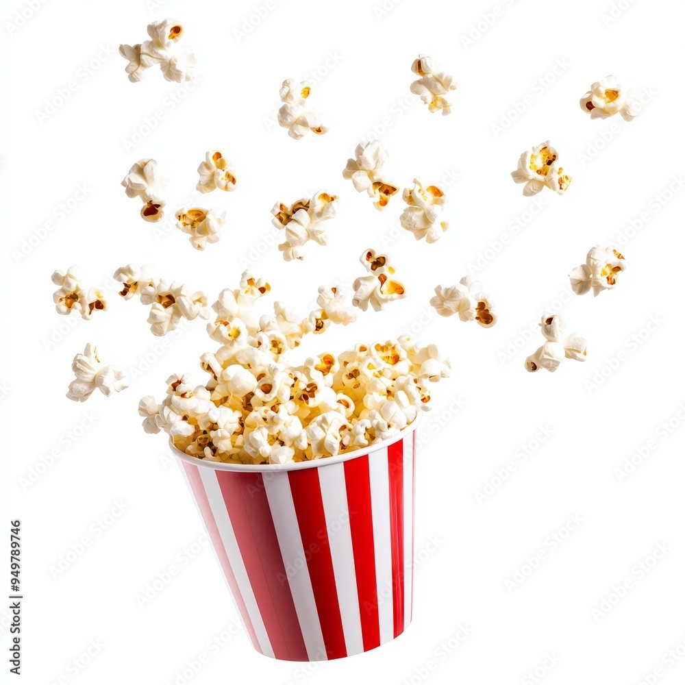 It is an explosion of popcorn in a bucket with red and white stripes on a white background. It is ideal for themes related to cinema or movie night. It is an explosion of popcorn in a bucket with red and white stripes on a white background. It is ideal for themes related to cinema or movie night.