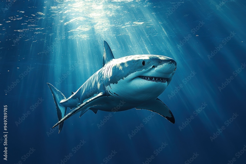 Great White Shark Swimming Through Sunbeams in Blue Ocean Water Great White Shark Swimming Through Sunbeams in Blue Ocean Water