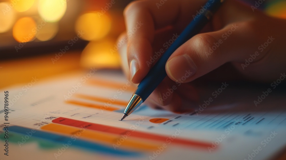 A person analyzing colorful bar graphs on paper with a pen, indicative of business, finance, or statistical work in an office environment. A person analyzing colorful bar graphs on paper with a pen, indicative of business, finance, or statistical work in an office environment.