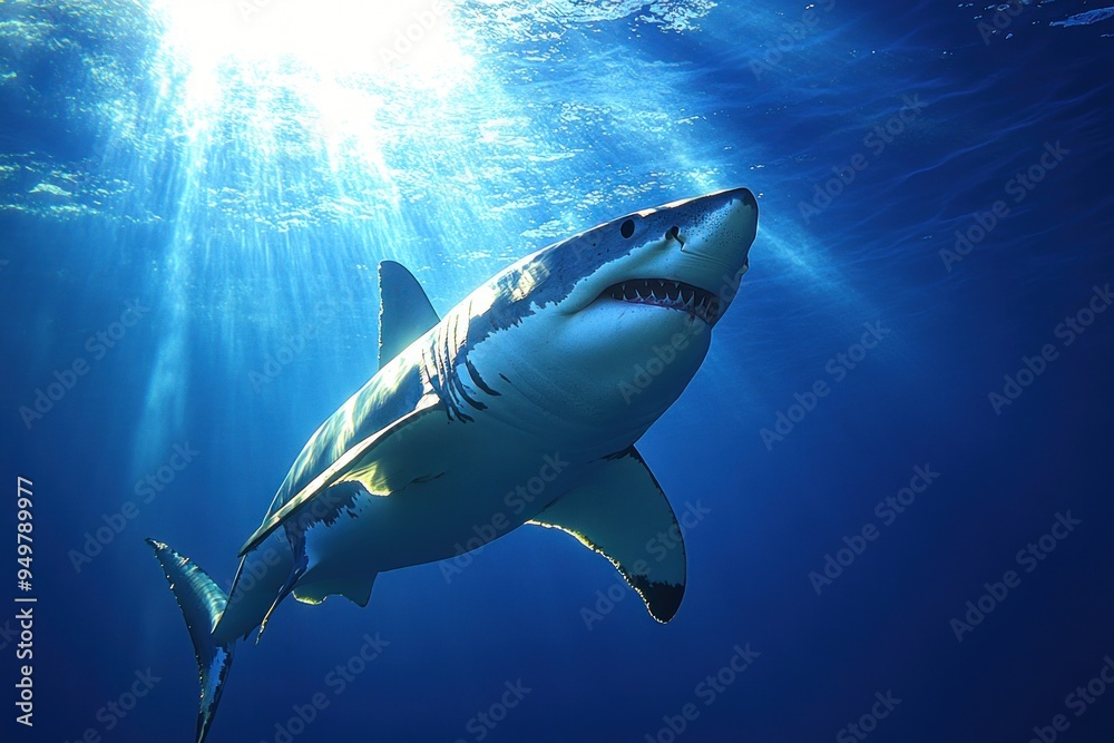 Great White Shark Swimming Towards the Surface with Sunbeams Great White Shark Swimming Towards the Surface with Sunbeams