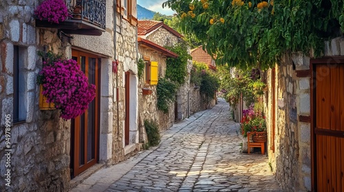 A picturesque street view in Sigacik Village, capturing the charm of this coastal Turkish village.